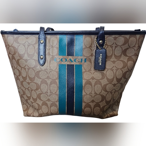 Coach Signature Varsity Stripe City Zip Leather PVC In Khaki/watermelon/navy. - Picture 1 of 14